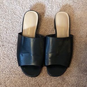 Black faux leather slide sandals
